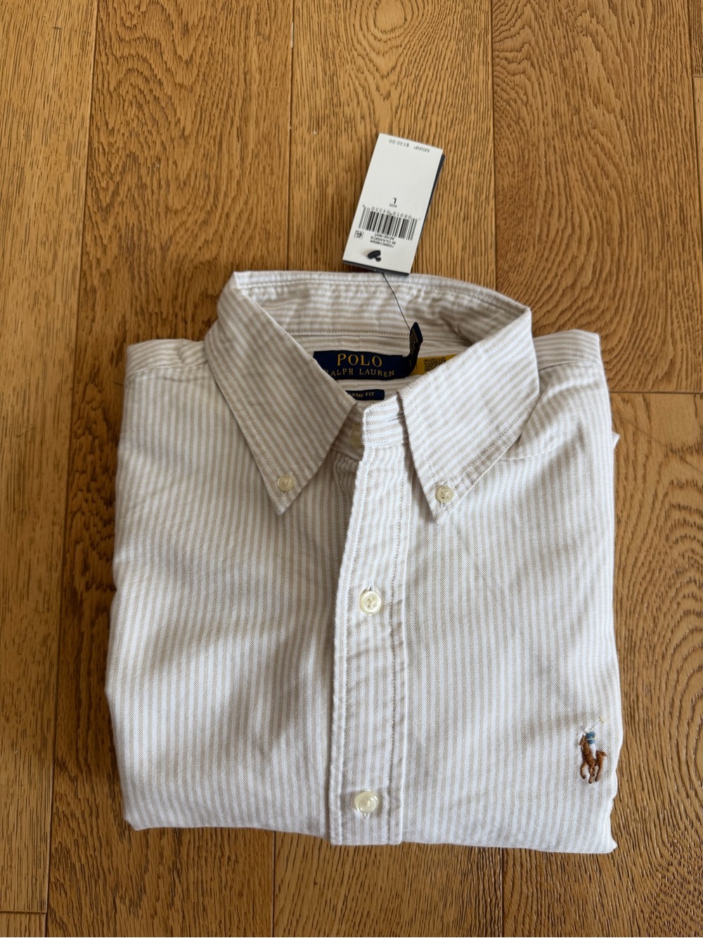 Polo Ralph Lauren White & Tan Striped Button-Down Shirt Oxford Pony Embroidered